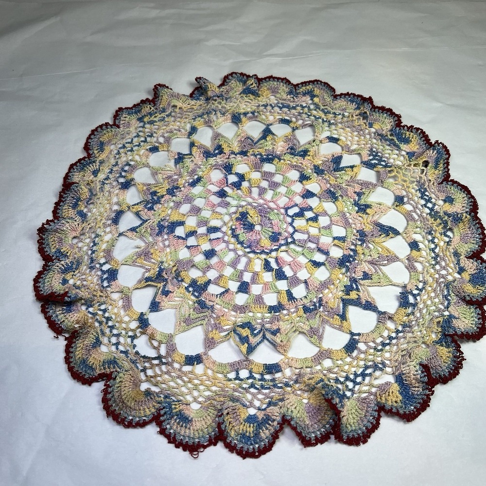 Large 12" Vintage Antique Beige Purple Blue yellow Pink‎ Round Crochet Doily